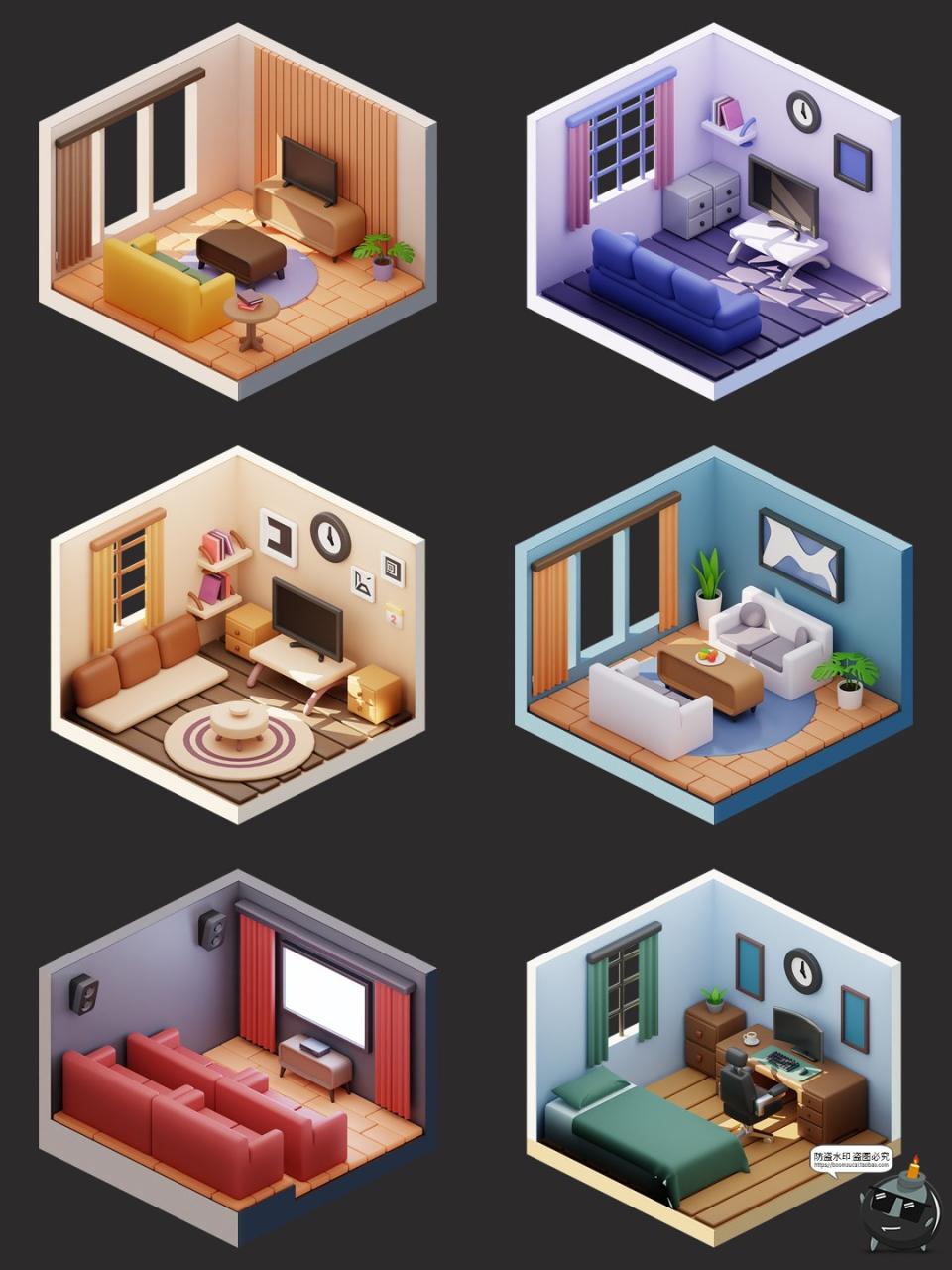 3D等距房间卧室浴室客厅布置摆设插图插画png免抠obj图片fbx素材-设计猿
