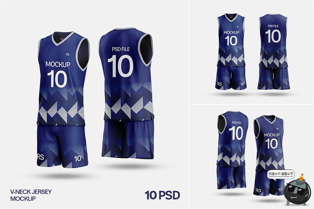 无袖V领3D篮球队服球服俱乐部套装运动训练服装PSD模板样机素材-设计猿