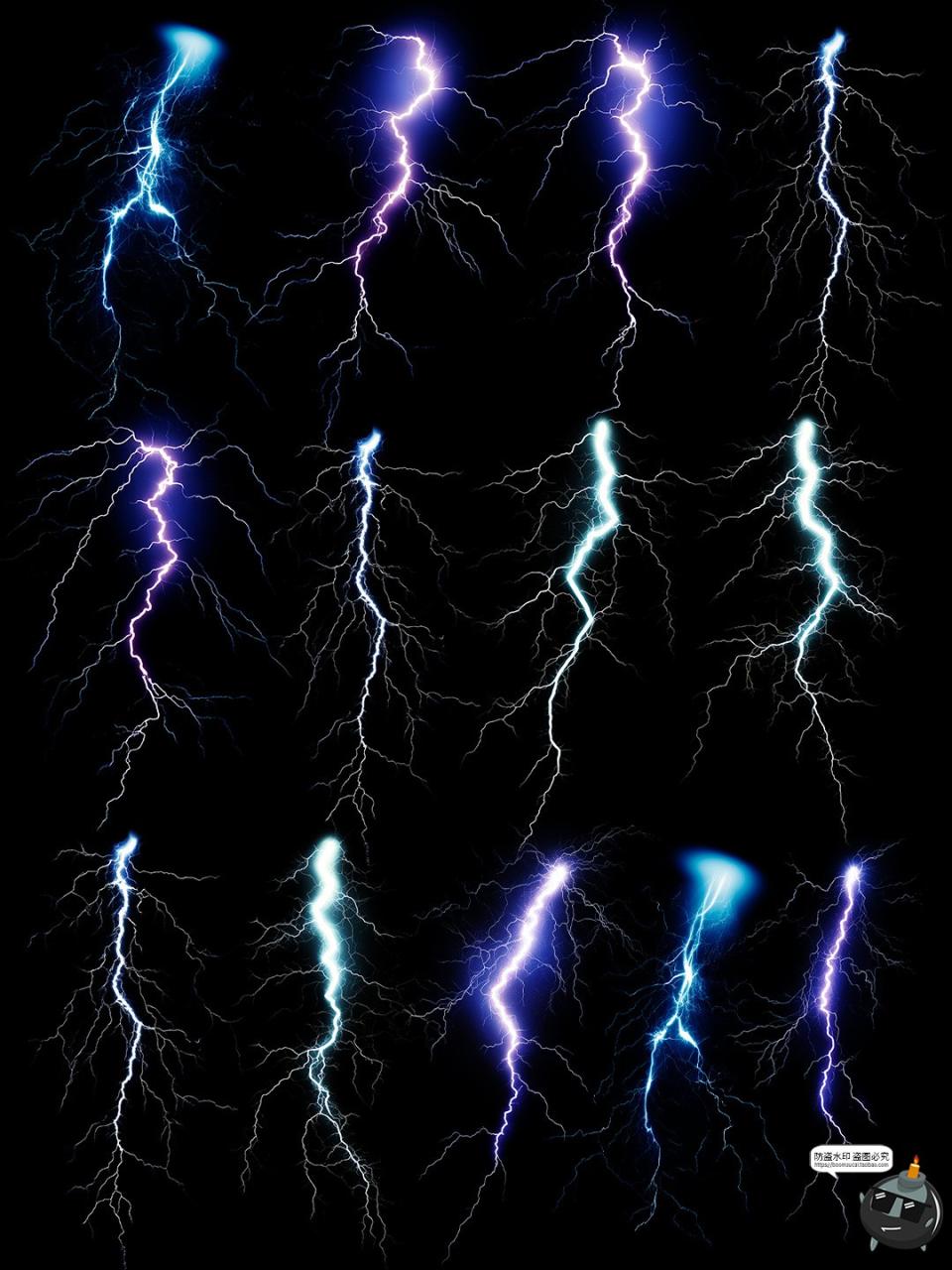 图片[1]-暴风闪电雷电电击特效纹理JPG黑底后期合成叠加图片PS笔刷素材-设计猿