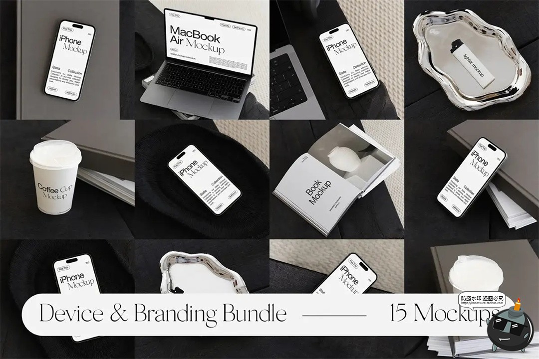 现代场景iPhone手机iPad平板笔记本电脑咖啡杯画册PSD模板样机-设计猿