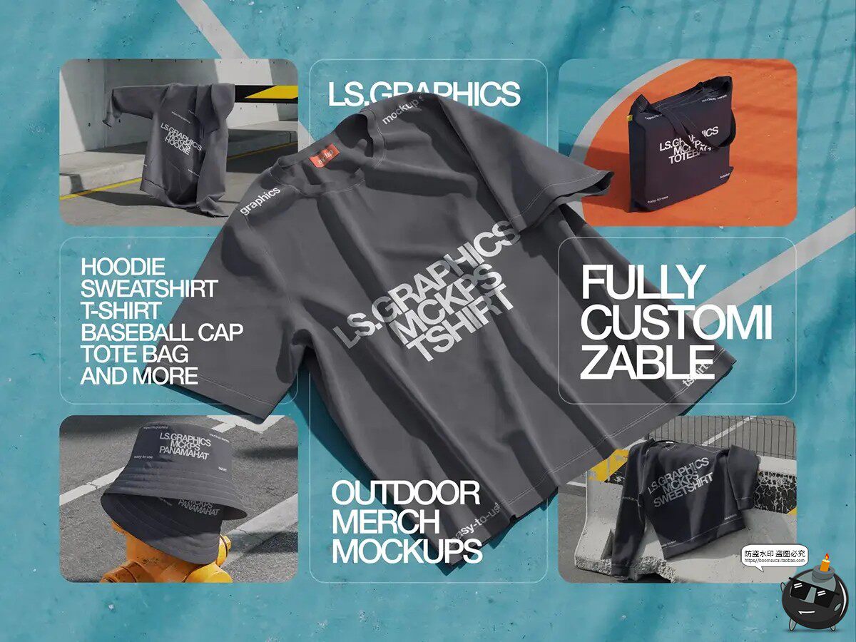 T恤卫衣工装帆布包渔夫帽袜子吊牌标签展示效果图PSD模板样机素材-设计猿