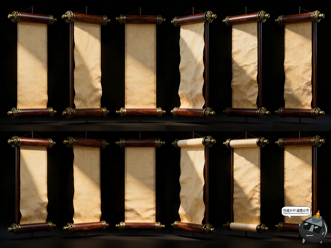 图片[3]-东方美学古典木质画轴卷轴旧宣纸底纹PNG免抠素材-设计猿