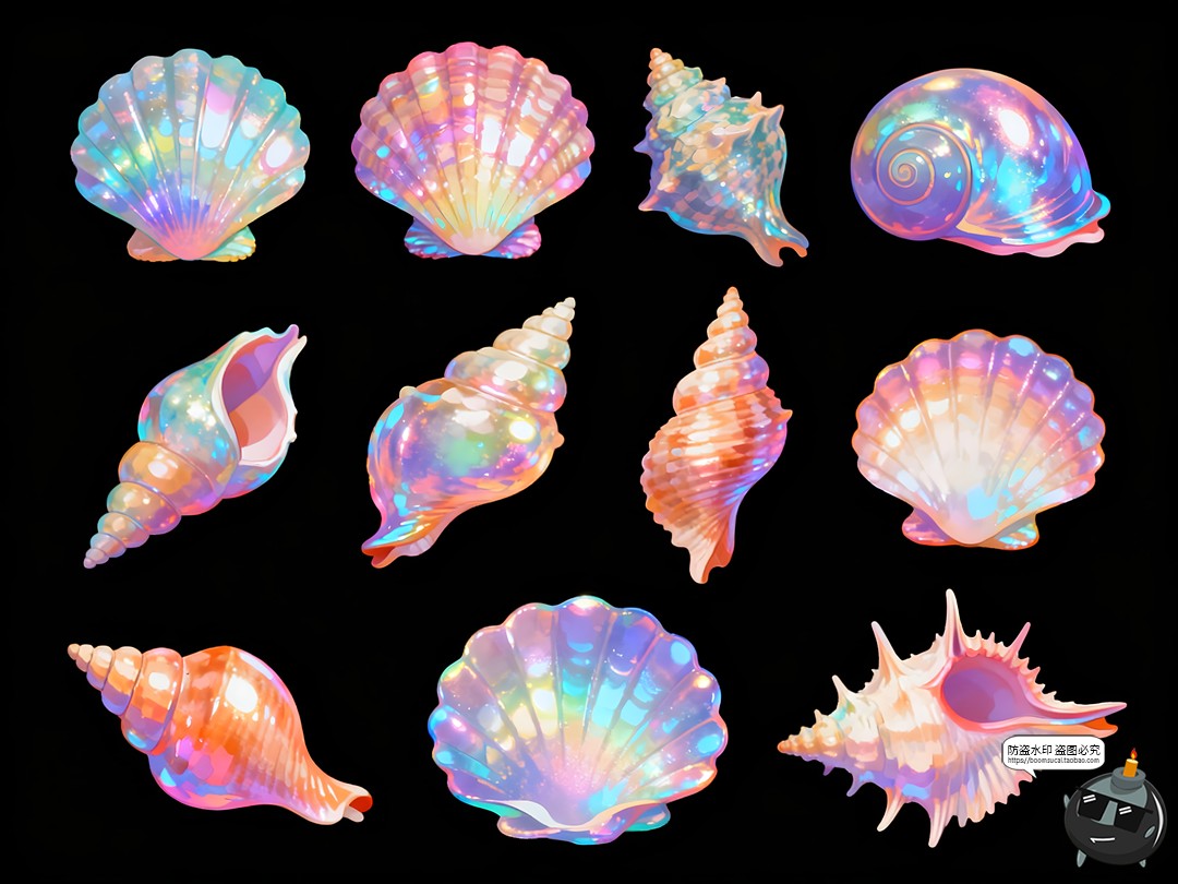 图片[1]-珠光梦幻贝壳海螺贝类绚丽彩色唯美手账PNG素材图-设计猿