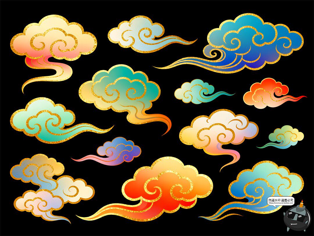 七彩祥云合集渐变卡通鎏金金色描边装饰PSD素材图-设计猿