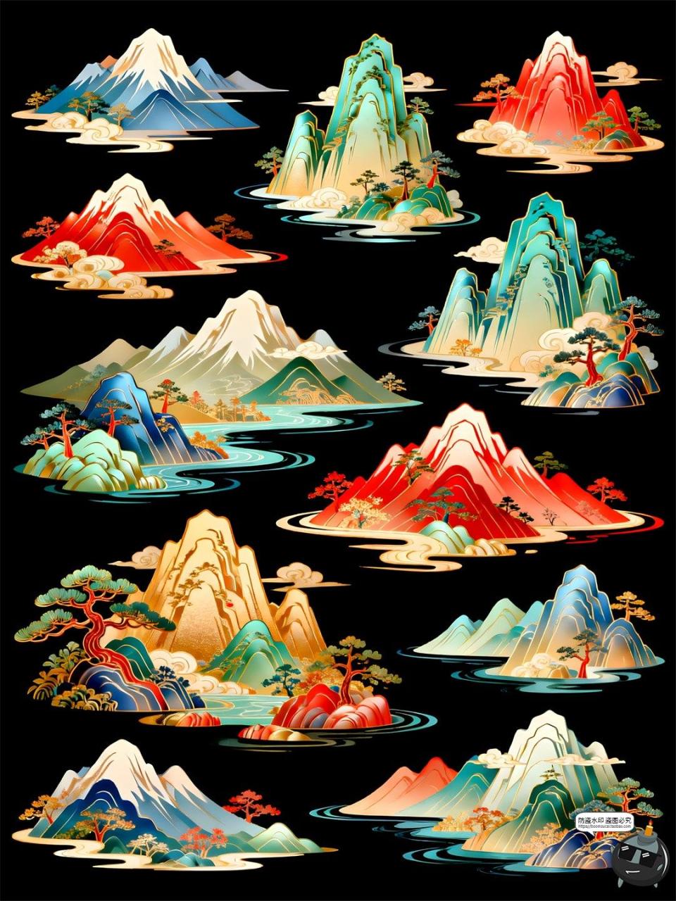 国潮山水仿古新中式风景画迎客松元素PSD模板素材-设计猿