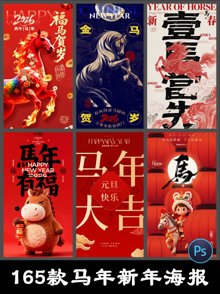 2026马年新年元旦春节活动宣传插画朋友圈海报psd设计素材模板-设计猿