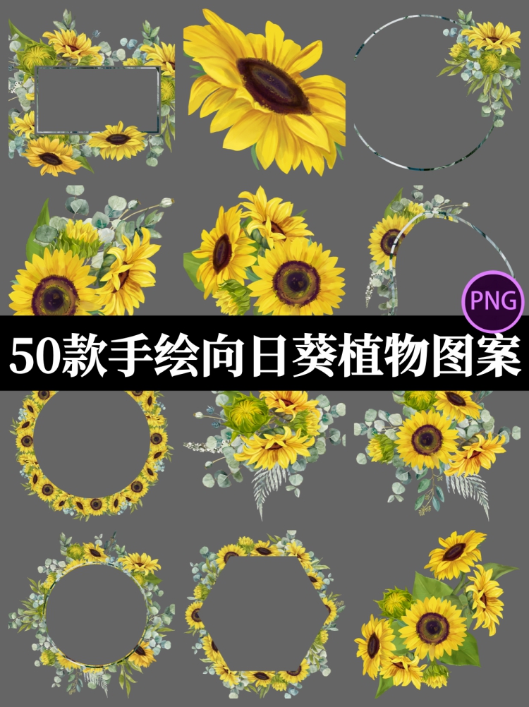 手绘水彩向日葵花朵叶子植物边框插画邀请函装饰PNG免扣设计素材-设计猿