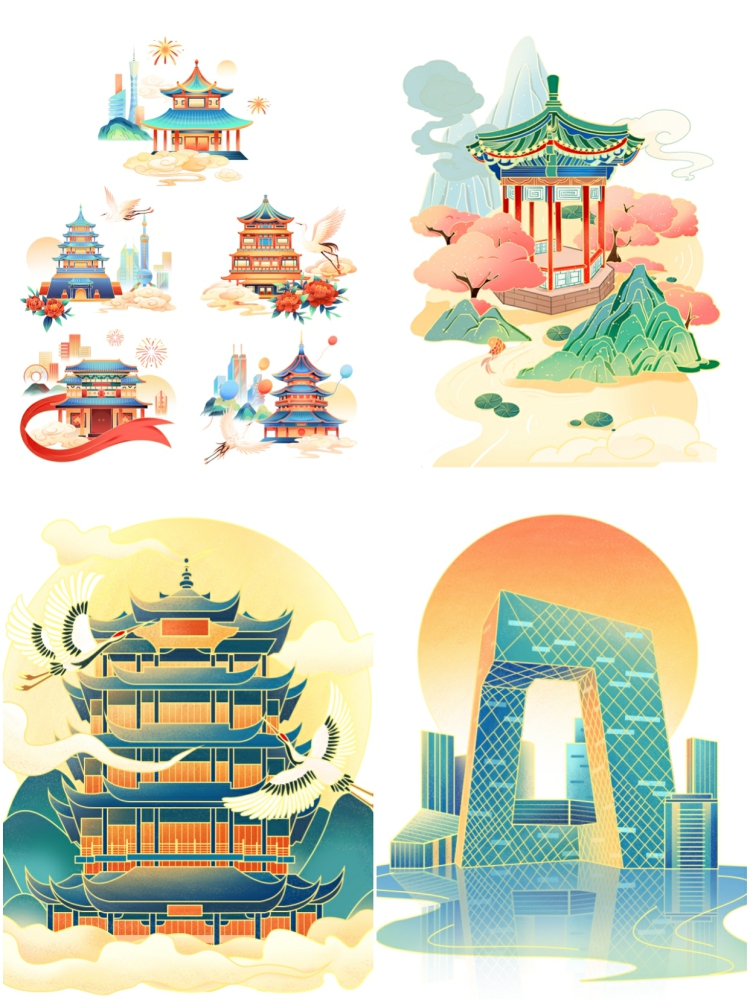 图片[2]-国潮中国风热门城市地标建筑名胜古迹PSD手绘插画PNG免扣设计素材-设计猿