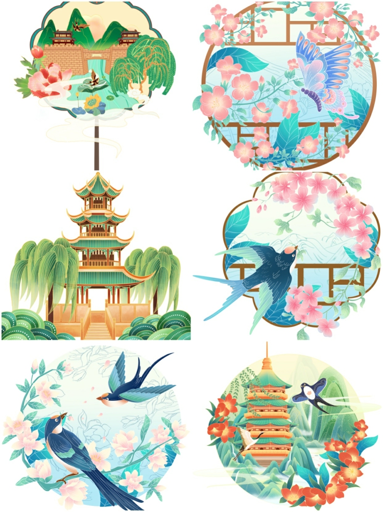 图片[2]-国潮中国风春天节气建筑场景插画贴纸元素psd分层png免扣设计素材-设计猿