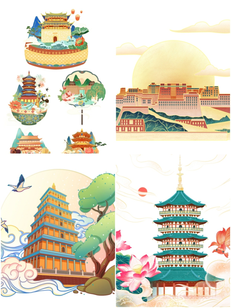 图片[3]-国潮中国风热门城市地标建筑名胜古迹PSD手绘插画PNG免扣设计素材-设计猿