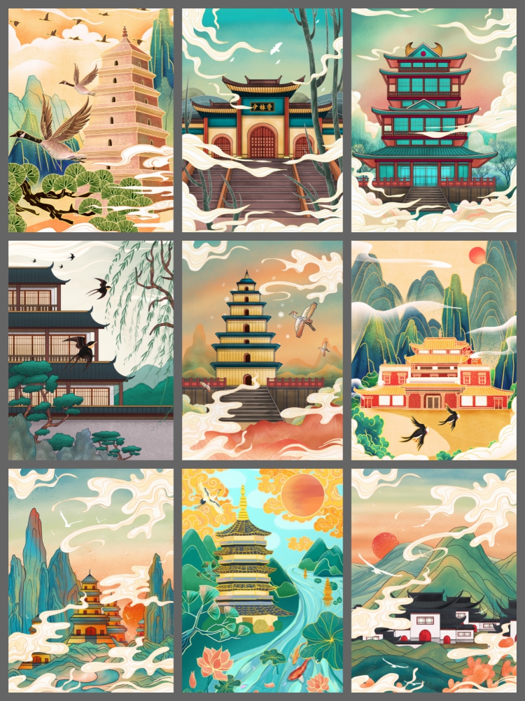 图片[3]-精选560款传统中国风国潮城市古建筑手绘插画展板PSD模板-设计猿