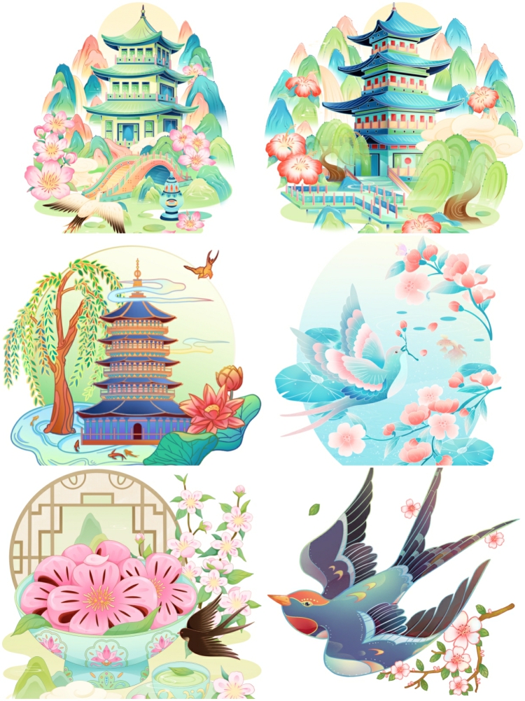 图片[3]-国潮中国风春天节气建筑场景插画贴纸元素psd分层png免扣设计素材-设计猿
