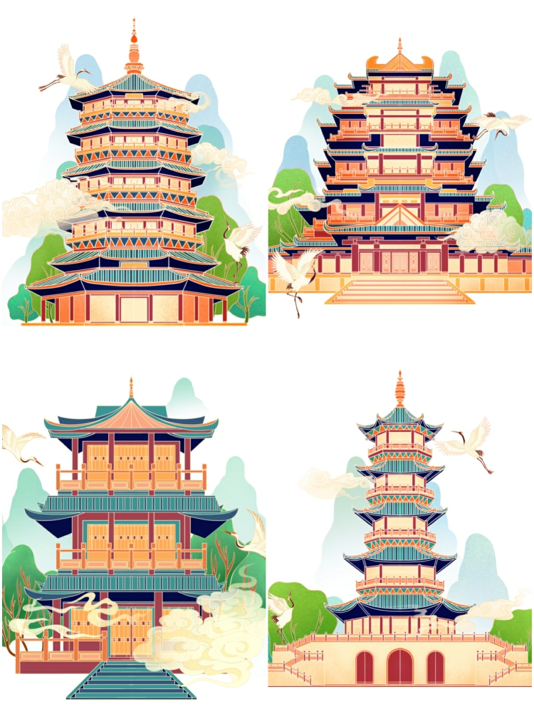 图片[4]-国潮中国风热门城市地标建筑名胜古迹PSD手绘插画PNG免扣设计素材-设计猿