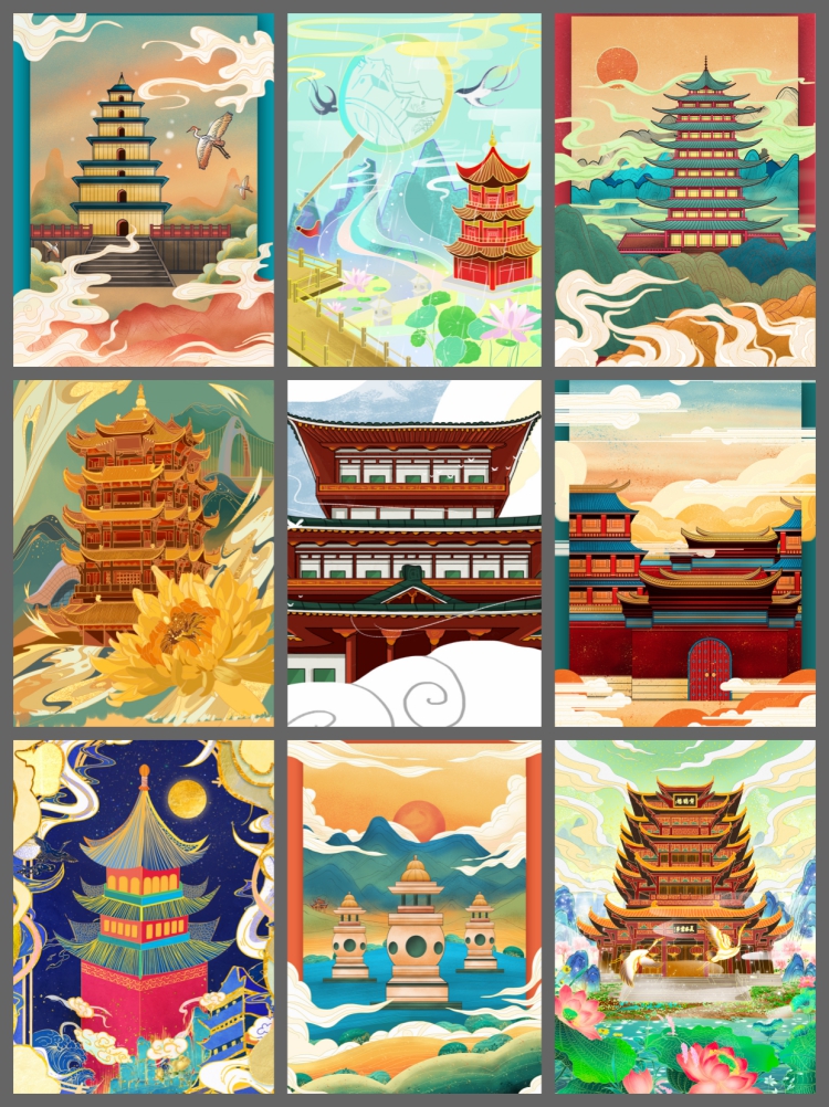 图片[7]-精选560款传统中国风国潮城市古建筑手绘插画展板PSD模板-设计猿