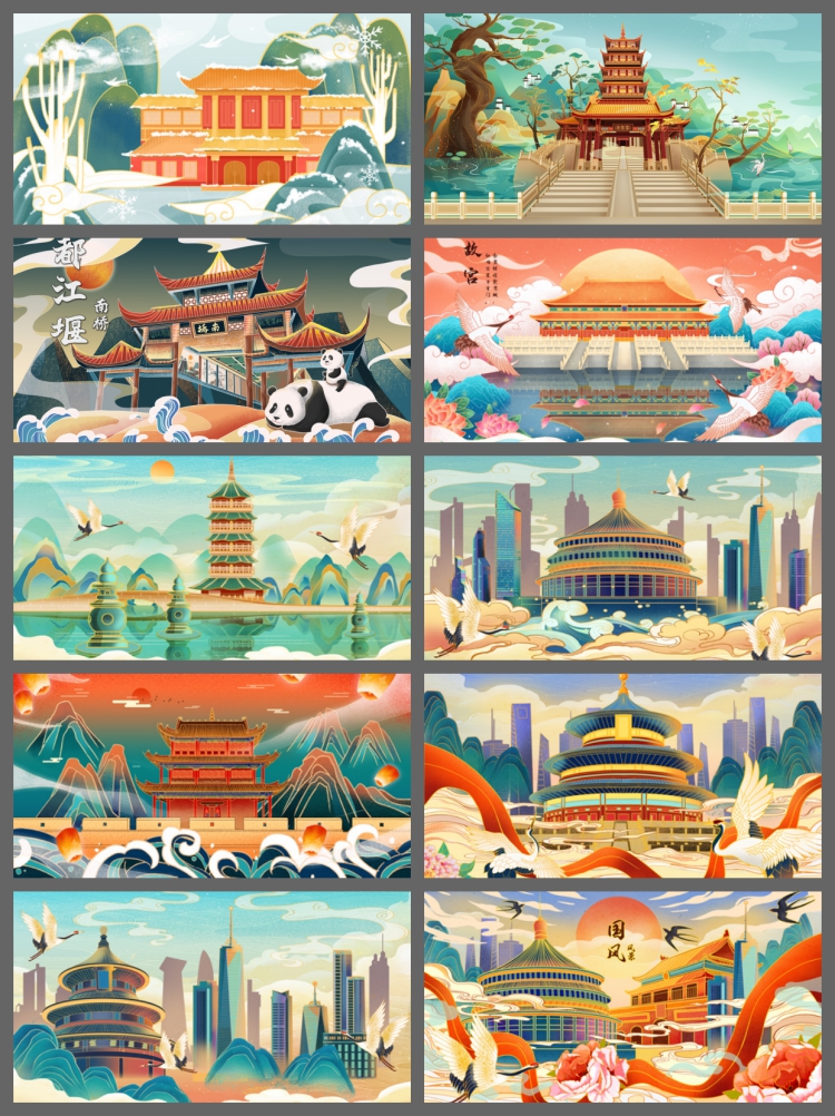 图片[8]-精选560款传统中国风国潮城市古建筑手绘插画展板PSD模板-设计猿