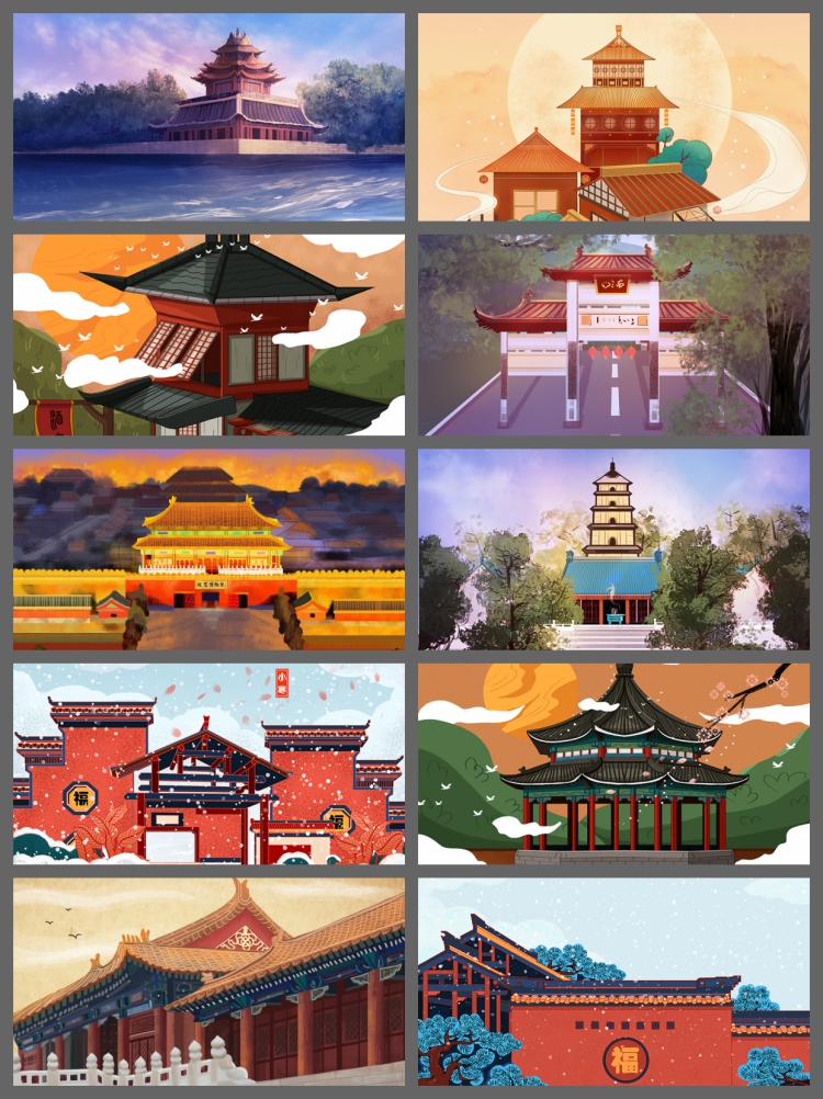 图片[9]-精选560款传统中国风国潮城市古建筑手绘插画展板PSD模板-设计猿