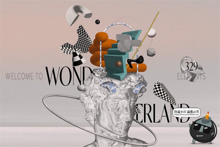 图片[1]-现代艺术3D抽象Y2K金属立体几何怪异拼贴元素海报PNG免抠图片素材-设计猿