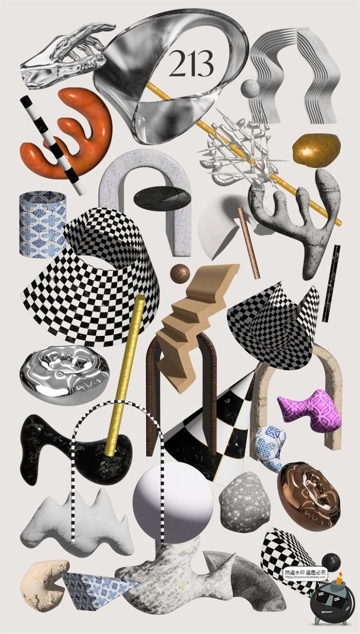 图片[6]-现代艺术3D抽象Y2K金属立体几何怪异拼贴元素海报PNG免抠图片素材-设计猿