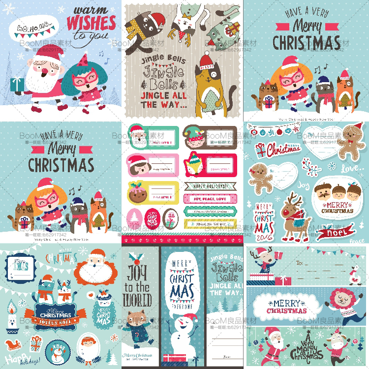 图片[1]-卡通可爱冬季圣诞节动物圣诞老人雪人标题卡片图案AI矢量设计素材-设计猿
