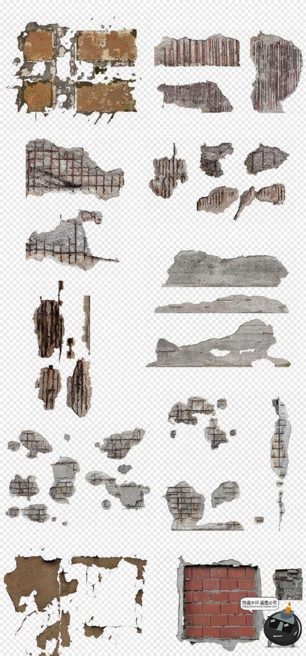 图片[1]-残缺破坏墙体墙面破损钢筋水泥掉皮后期合成修图PNG免扣免抠素材-设计猿