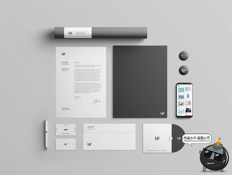 图片[1]-现代企业物料优雅灰色办公文具vi提案样机效果展示PSD模板PS素材-设计猿