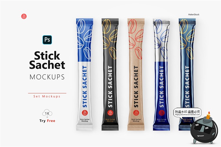 图片[1]-长条形食品包装袋冲泡粉咖啡铝膜内袋智能贴图样机PSD模板PS素材-设计猿