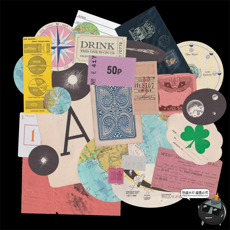 图片[1]-复古19世纪欧美元素老旧纸张标签贴纸拼贴剪切画PNG免抠图片素材-设计猿