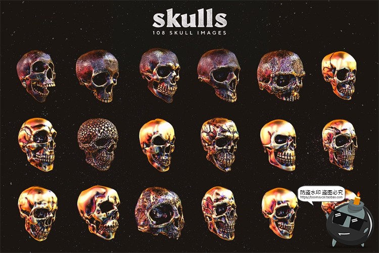 图片[6]-金属骷髅头骨骷颅头骨头骨骼潮流3D立体装饰元素PNG免抠图片素材-设计猿