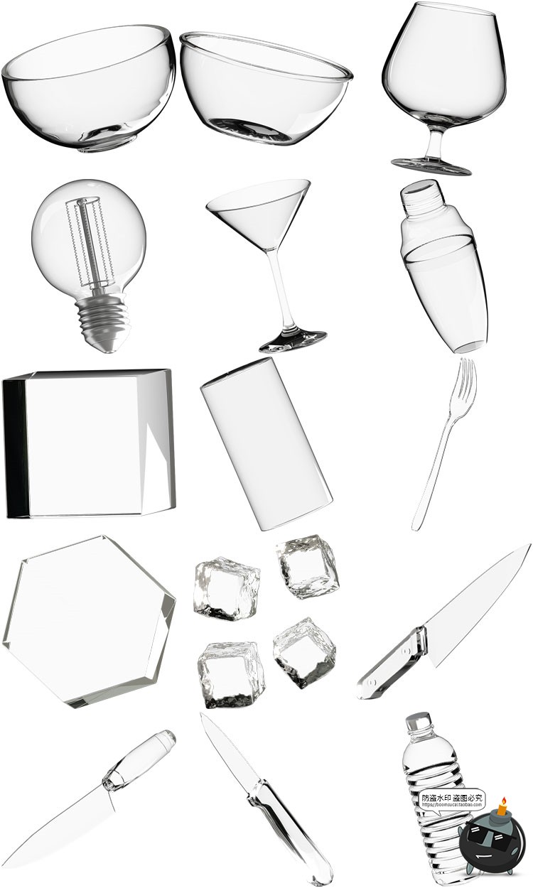 图片[2]-透明玻璃制品杯子碗玻璃球冰块勺刀叉吸管瓶子PNG免抠装饰素材-设计猿