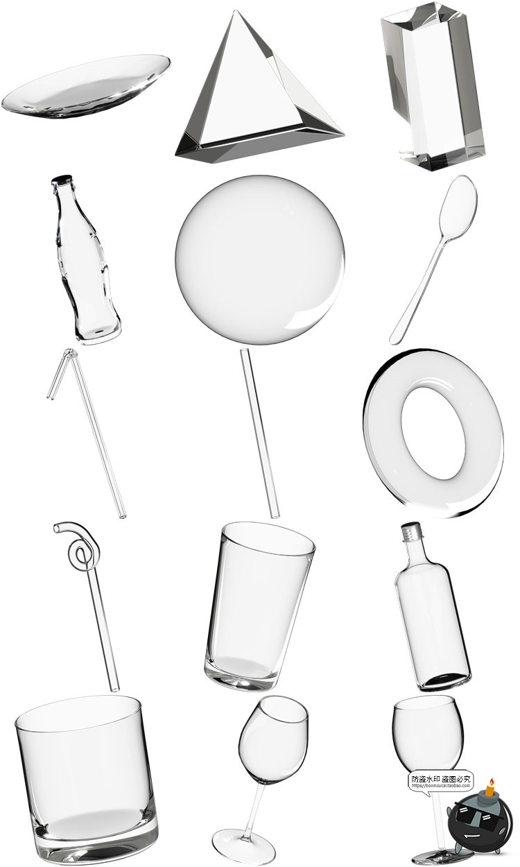 图片[3]-透明玻璃制品杯子碗玻璃球冰块勺刀叉吸管瓶子PNG免抠装饰素材-设计猿