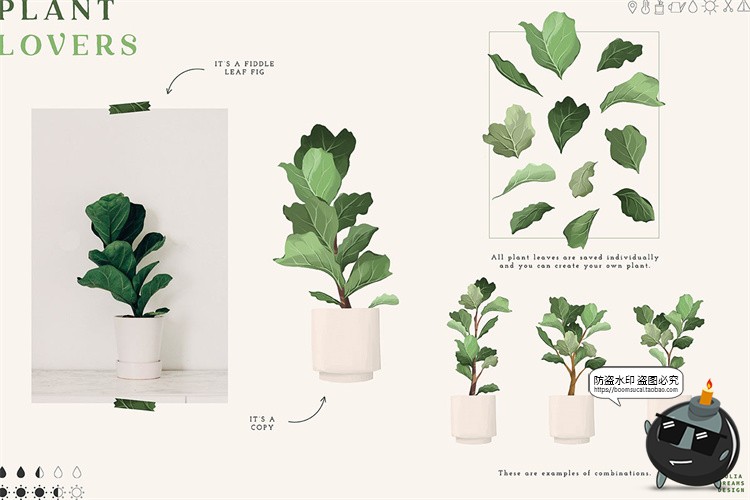 图片[5]-手绘水彩植物插画花盆架文艺底纹背景元素PNG免抠拼贴元素素材-设计猿