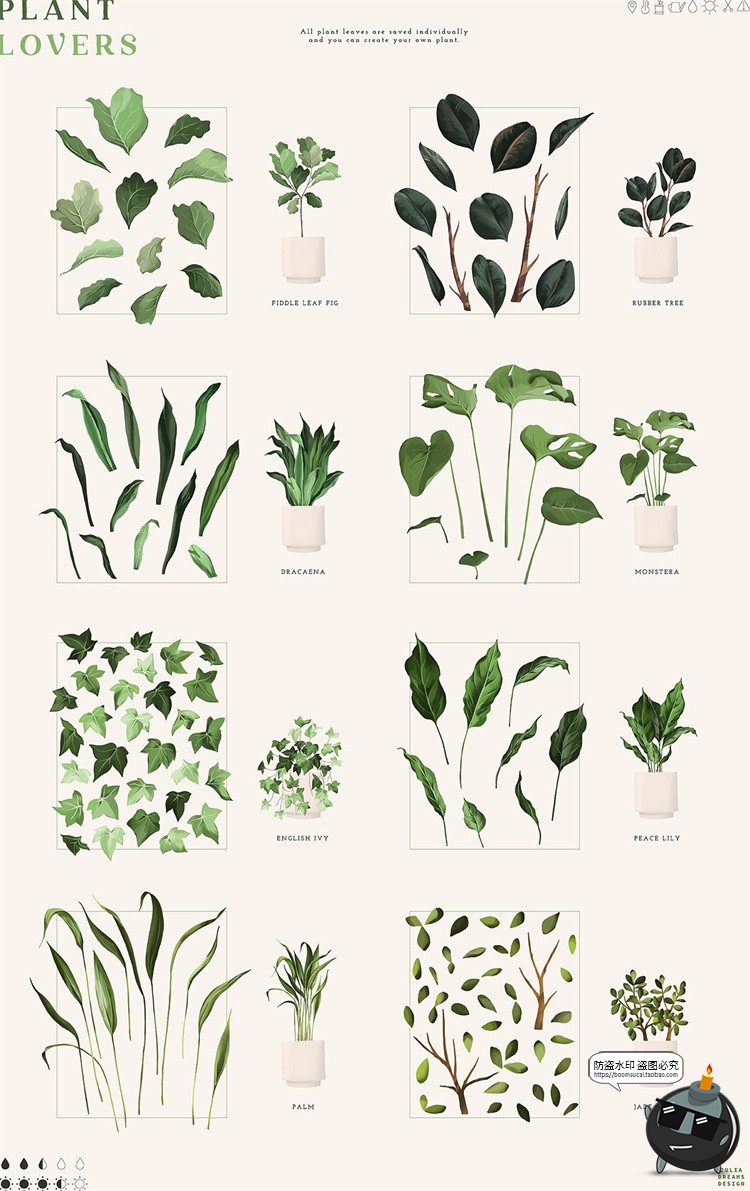 图片[7]-手绘水彩植物插画花盆架文艺底纹背景元素PNG免抠拼贴元素素材-设计猿