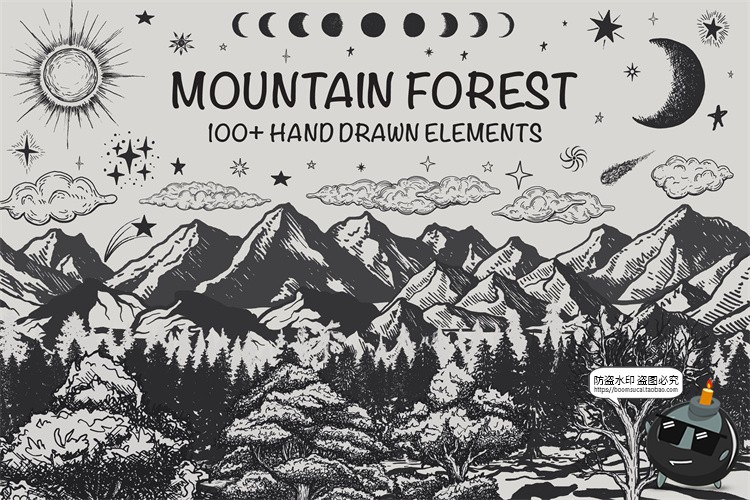 图片[1]-复古美式树木森林山脉云朵太阳月亮黑白手绘插画图AI矢量PNG素材-设计猿