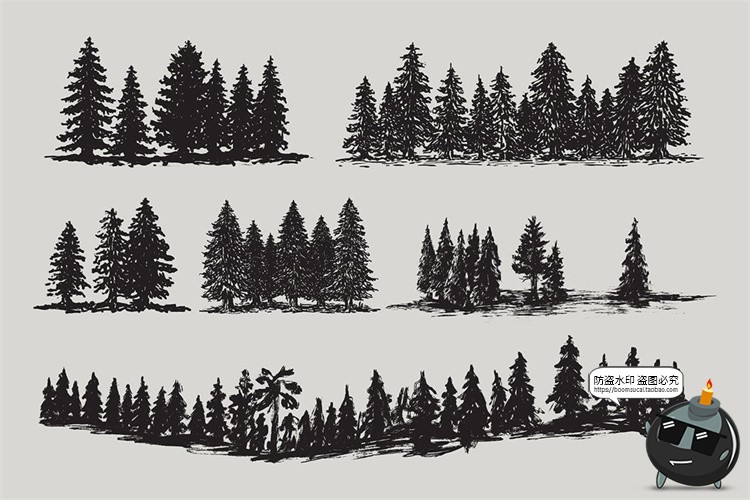 图片[2]-复古美式树木森林山脉云朵太阳月亮黑白手绘插画图AI矢量PNG素材-设计猿