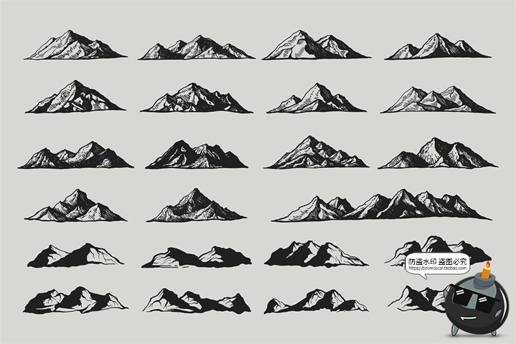 图片[3]-复古美式树木森林山脉云朵太阳月亮黑白手绘插画图AI矢量PNG素材-设计猿