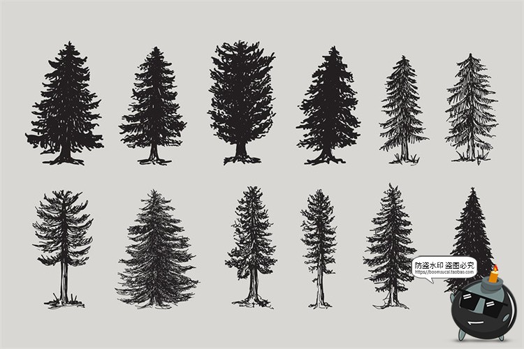 图片[4]-复古美式树木森林山脉云朵太阳月亮黑白手绘插画图AI矢量PNG素材-设计猿