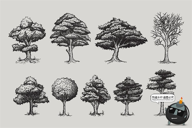 图片[8]-复古美式树木森林山脉云朵太阳月亮黑白手绘插画图AI矢量PNG素材-设计猿