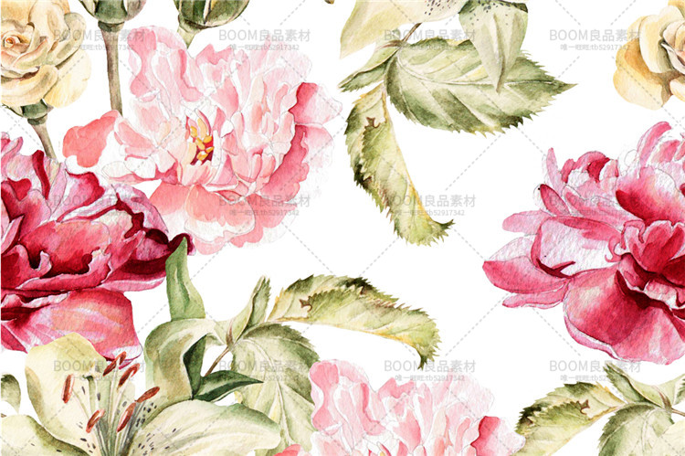 图片[1]-唯美水彩玫瑰牡丹百合花朵花蕾图案印刷婚礼请柬卡片PNG免扣素材-设计猿