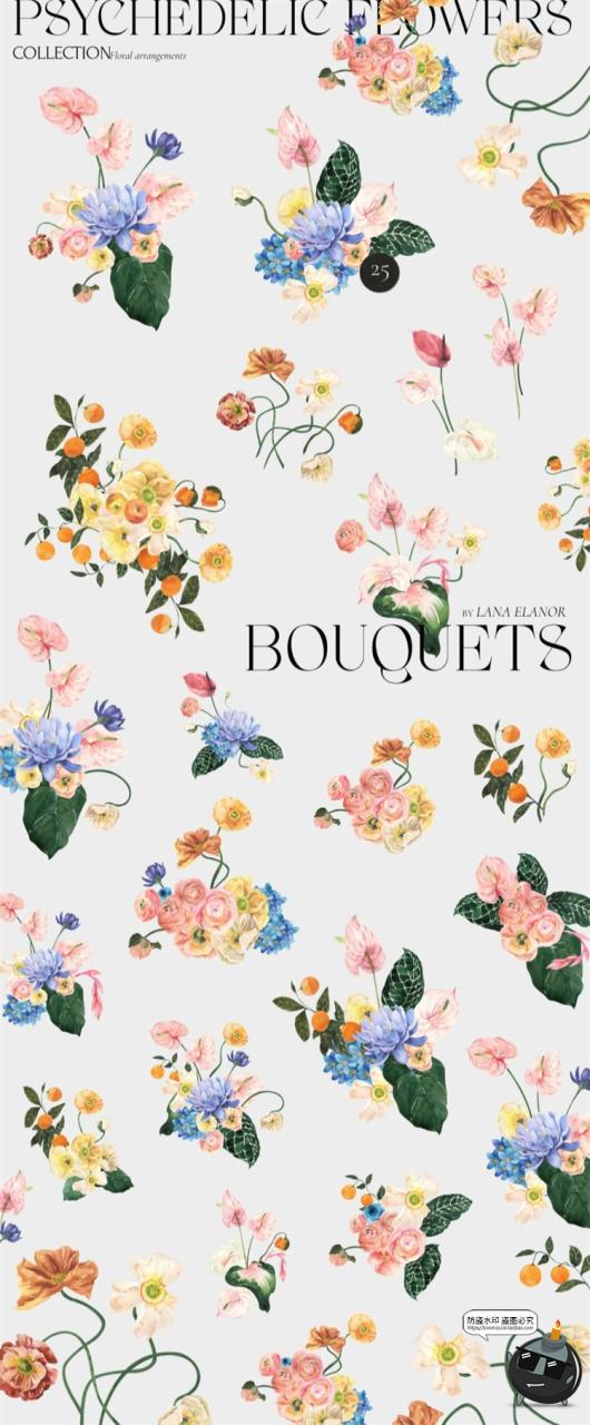 图片[2]-复古宫廷水彩绘画手绘鲜花拼贴植物花卉PNG免抠图片插图插画素材-设计猿