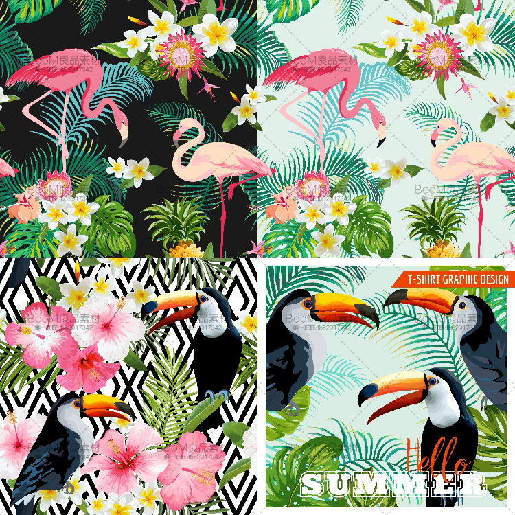 图片[1]-清新绿色热带雨林风花朵植物叶子火烈鸟背景图案印刷AI矢量素材-设计猿