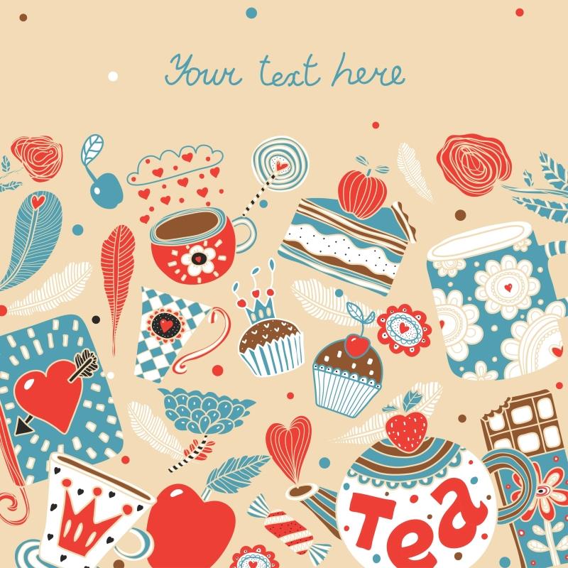 图片[1]-清新森系可爱手绘咖啡杯子蛋糕下午茶卡片插画背景图案AI矢量素材-设计猿