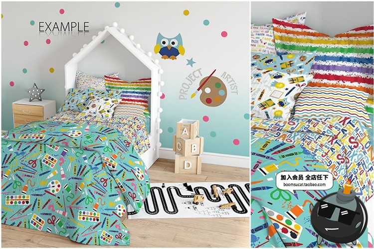 图片[3]-儿童室内房间织物抱枕床帐篷窗帘公仔效果展示PS样机PSD模板素材-设计猿