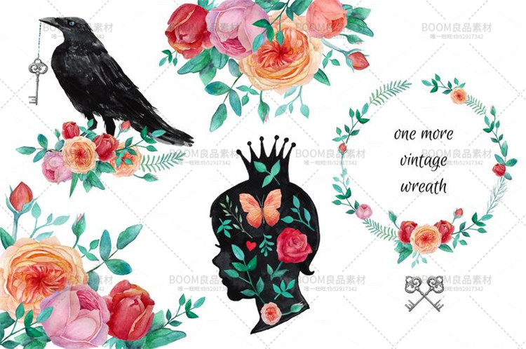 图片[1]-唯美手绘水彩玫瑰花朵花卉花环卡片图案PNG免扣AI矢量PS设计素材-设计猿