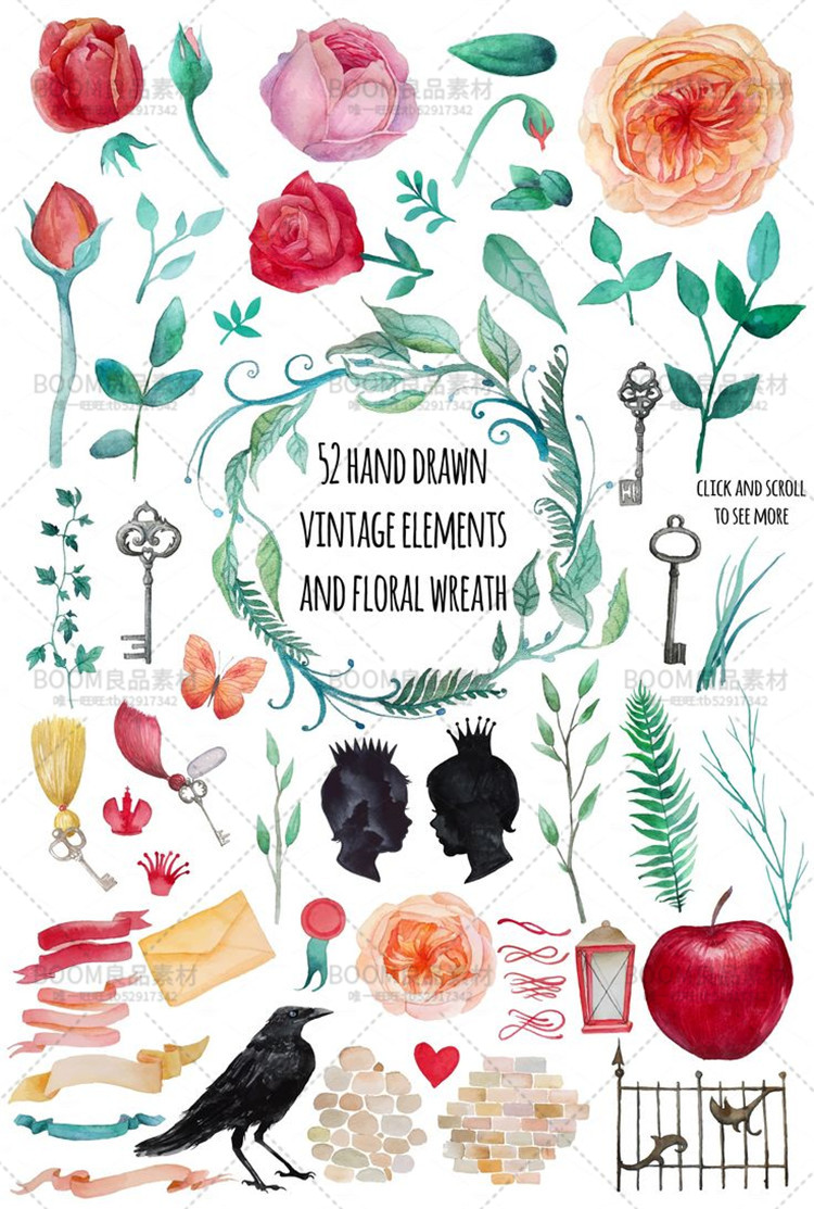 图片[2]-唯美手绘水彩玫瑰花朵花卉花环卡片图案PNG免扣AI矢量PS设计素材-设计猿