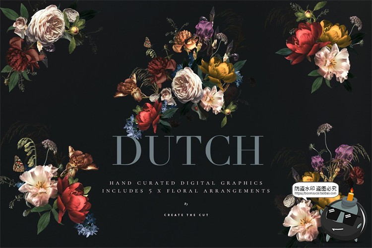 图片[2]-复古欧式花卉鲜花暗稳重庄重风格剪贴画拼贴装饰元素PNG免抠素材-设计猿