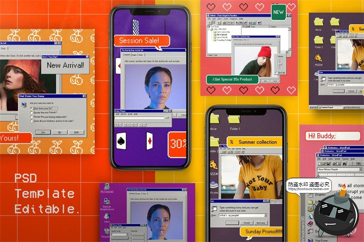 图片[1]-复古创意电脑窗口蒸汽波像素风海报元素图文排版PSD模板PS素材-设计猿