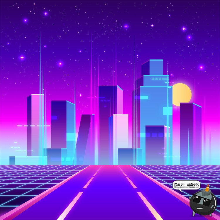 图片[6]-赛博朋克复古蒸汽波网格霓虹科技科幻未来城市街道AI矢量插画素材-设计猿