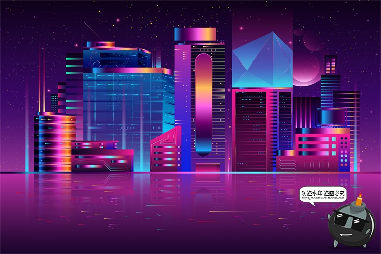 图片[18]-赛博朋克复古蒸汽波网格霓虹科技科幻未来城市街道AI矢量插画素材-设计猿