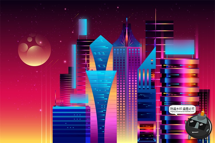 图片[20]-赛博朋克复古蒸汽波网格霓虹科技科幻未来城市街道AI矢量插画素材-设计猿