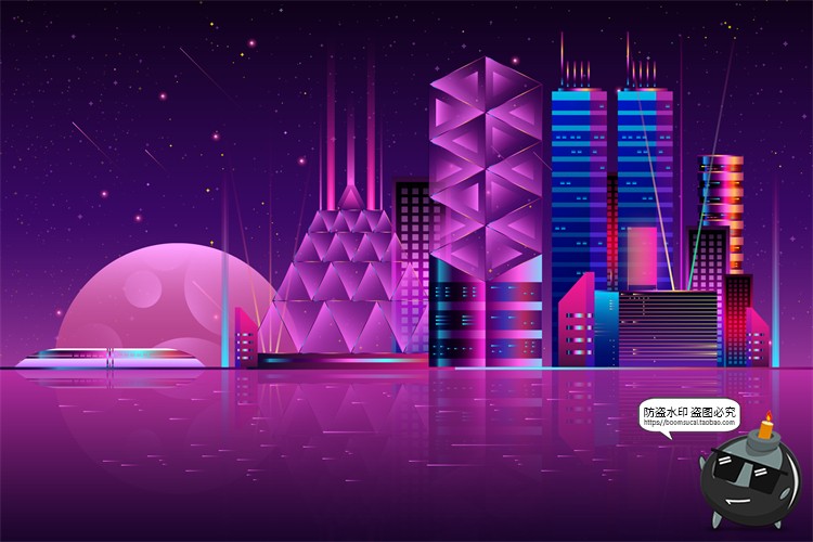 图片[21]-赛博朋克复古蒸汽波网格霓虹科技科幻未来城市街道AI矢量插画素材-设计猿